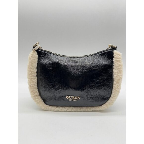 GUESS Davika crinkle faux-leather Sherpa trim hobo shoulder bag - Black - Picture 12 of 15